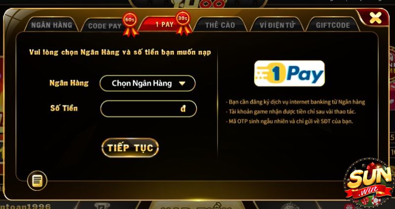 Nạp tiền qua 1Pay tại Yo88