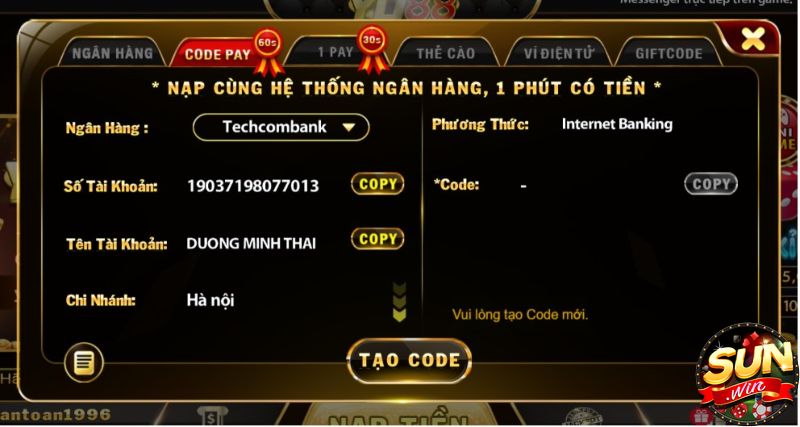 Nạp tiền qua Code Pay tại Yo88