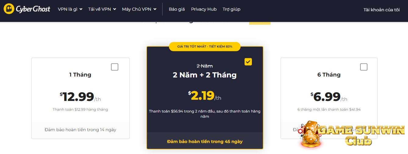 Anh em chọn gói dịch vụ CyberGhost VPN phù hợp